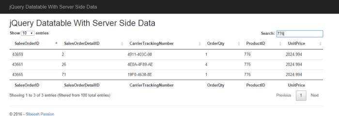 jQuery Datatable With Server Side Data Search